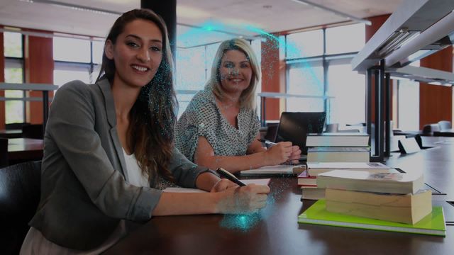 Two diverse women smiling at a desk with stacks of books around them. A digital globe animation highlights global networking and business technology themes. Ideal for illustrating business innovation, diversity in the workplace, and concepts of global communication or teamwork.