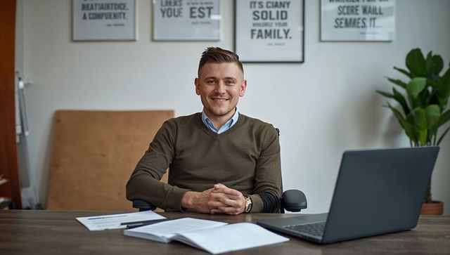 Young professional sitting at desk with laptop and papers, smiling confidently
