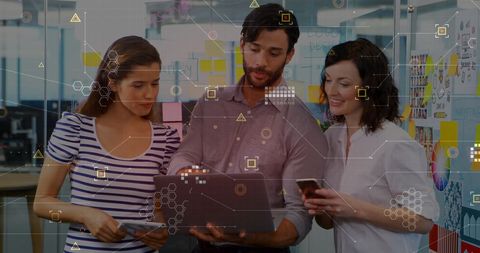 Digital Data Interface Over Team Collaborating in Modern Office Space