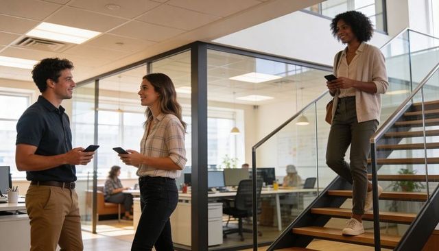 Colleagues exchanging ideas using smartphones in open-plan office with glass staircase