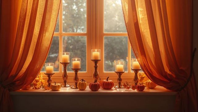 Autumn windowsill decor with glowing candles and pumpkins