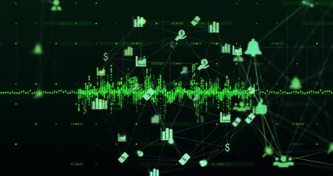 Digital Network Globe with Data Icons on Green Background