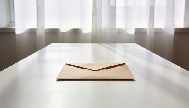 Kraft envelope lying on white table casting soft window light and minimalist workspace mood