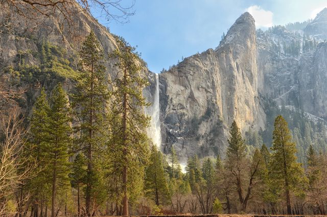 This scene captures the breathtaking beauty of a tall waterfall cascading down rugged cliffs in Yosemite National Park, surrounded by trees under a clear sky. Ideal for travel magazines, blog posts centered on nature and conservation, eco-tourism promotional materials, and desktop wallpapers.