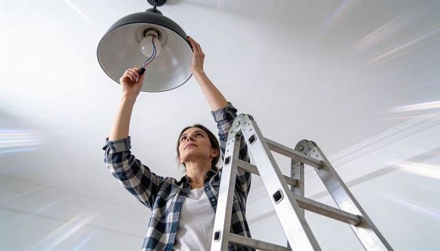 Woman standing on ladder repairing pendant light in modern home interior