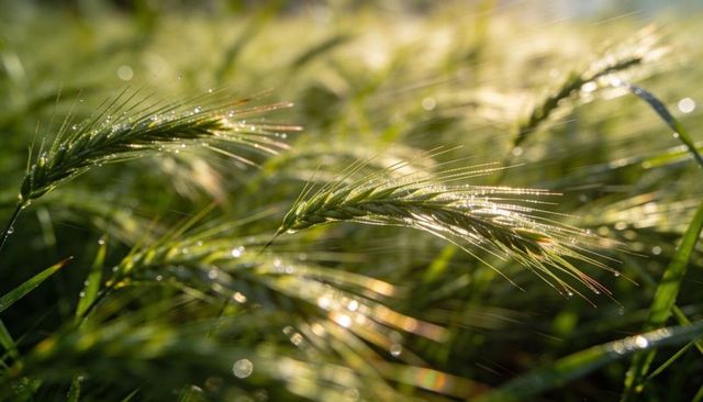 Backlit dew-covered barley spikes glowing with golden bokeh in closeup meadow macro