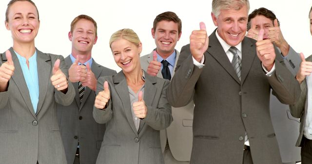 A diverse group of businessmen and businesswomen in professional attire are giving a thumbs up, with copy space. Their positive gesture suggests success, approval, or a job well done in a corporate environment.