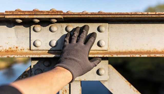 Gloved hand inspecting rusted riveted steel bridge beam for corrosion assessment
