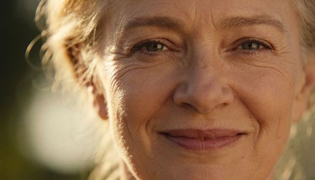 Sunlit senior woman smiling close-up portrait with warm golden bokeh and natural wrinkles