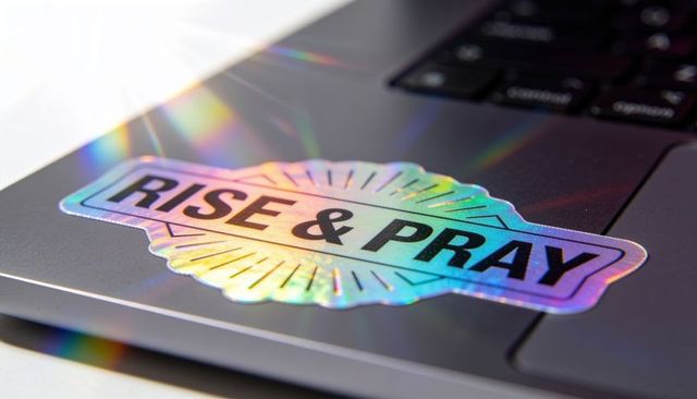 Holographic rise & pray sticker adorning laptop palm rest with rainbow prism reflections
