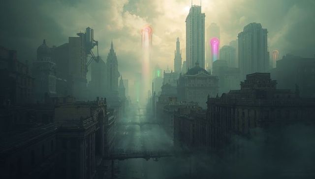 Futuristic Cityscape with Neon Beams and Skyscrapers