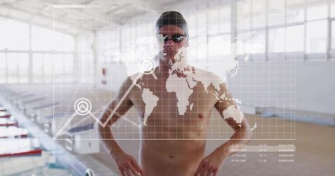 Competitive swimmer standing poolside wearing goggles and swim cap with hud data overlay