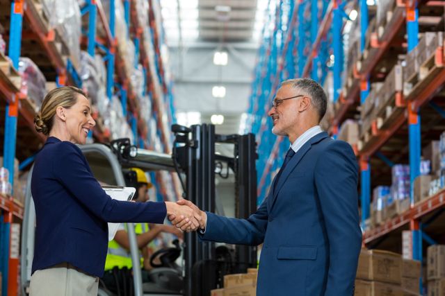 Warehouse manager shaking hands with client in a well-organized warehouse, surrounded by shelves filled with boxes and goods. Useful for illustrating business agreements, supplier partnerships, and professional interactions in the logistics and storage industry.