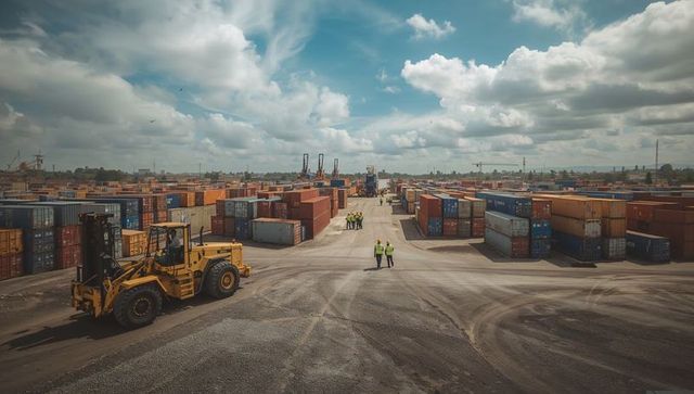 Container yard workers operating forklift stacking containers under dramatic sky