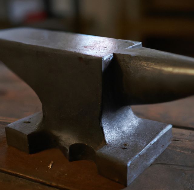 Image of a vintage blacksmith anvil placed on a wooden workbench within a workshop context. Perfect for use in themes related to traditional craftsmanship, industrial tools, historical trades, or metalworking. Can be used for educational materials on blacksmithing, illustrative content for tool catalogs, or evocative imagery for articles on historical trades and workshops.