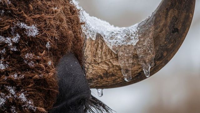 Close-up bison horn with melting icicles and frosted shaggy fur texture winter macro