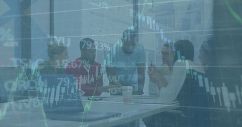 Diverse Team Collaborating Amid Dynamic Stock Market Overlay - Download Free Stock Images Pikwizard.com
