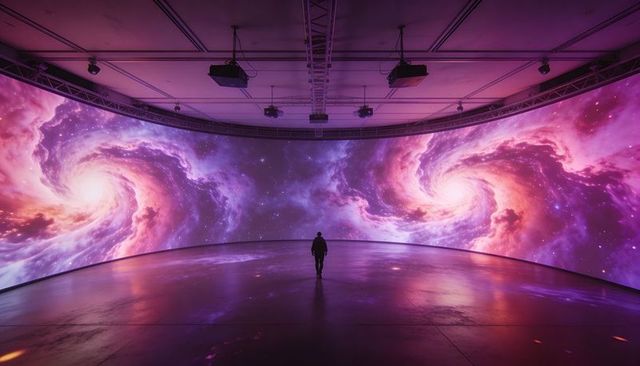 Man exploring immersive curved-screen cosmic projection with neon galaxies and silhouette