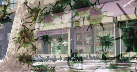 Coronavirus cells overlapping city scene with pigeons flying