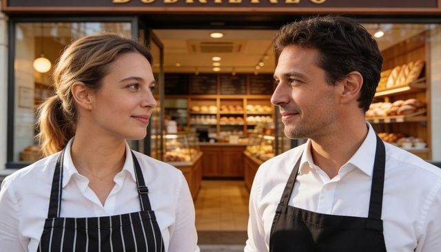Friendly bakery team sharing smile outside artisan shop with bread display and pastry cases