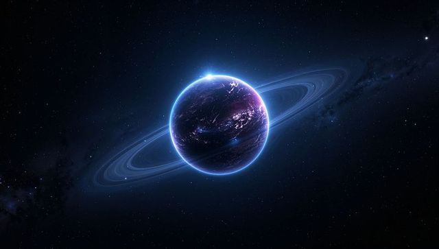 Glowing Ringed Planet with Blue Atmospheric Rim and Bright Limb Flare