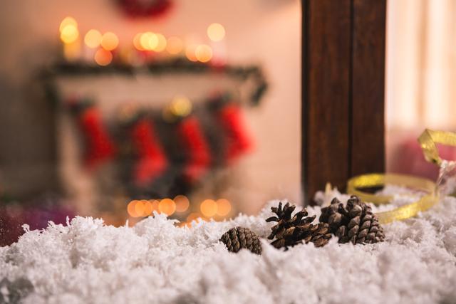 Pine Cones on Fake Snow with Christmas Decor in Background - Download Free Stock Photos Pikwizard.com