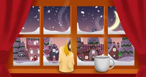 Cozy Winter Window Scene with Candle and Snowy Village