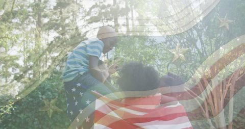 American Family Bonding on July 4th with Flag Overlay