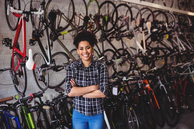 Portrait of a smiling mechanic standing with arms crossed in a bicycle workshop. The background features various bicycles hanging on the wall, indicating a well-equipped repair shop. This image can be used for promoting bicycle repair services, small business advertisements, or articles about entrepreneurship and professional services.
