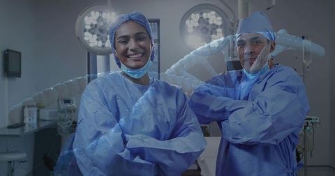 Surgical team collaborating with dna overlay showcasing genomic precision surgery