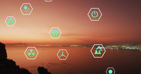 Sustainability and ecology icons overlayed on coastal cityscape