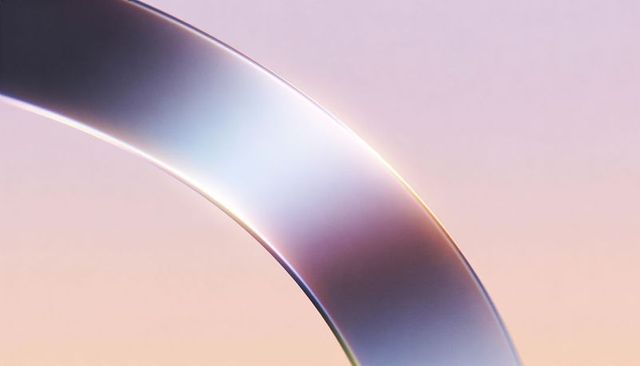 Curving iridescent metallic arc reflecting pastel gradient light for design background