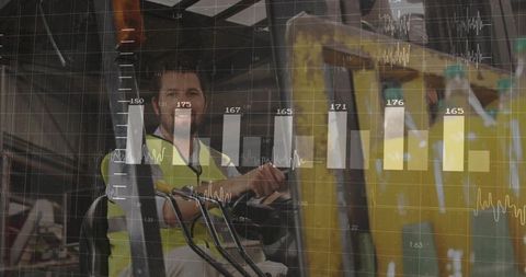 Operating forklift with digital inventory analytics overlay for warehouse logistics