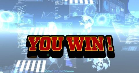 Victory message overlaying futuristic data displays