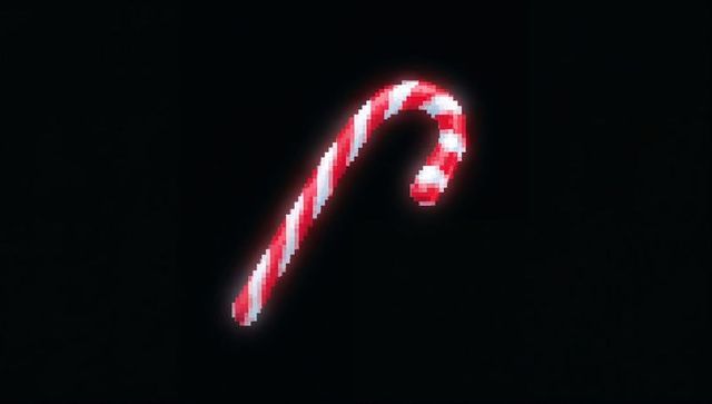Neon pixel candy cane floating with red glow and retro pixelation