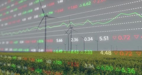 Wind turbines amongst fields with financial data overlay: clean energy investments