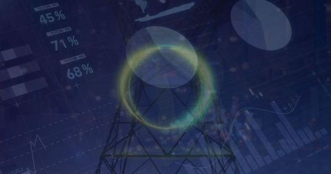 Telecom Tower with Digital Data Visualizations on Network Background