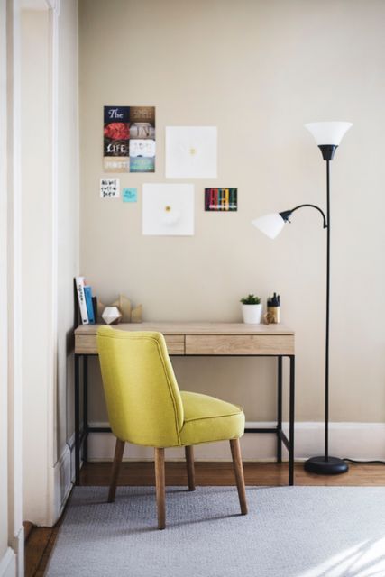 Cozy Home Office with Yellow Chair and Minimalist Decor - Download Free Stock Photos Pikwizard.com