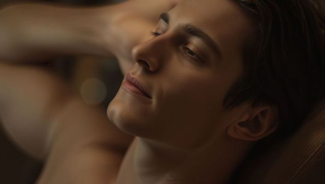 Reclining shirtless man tilting head back on leather sofa, warm intimate close-up portrait