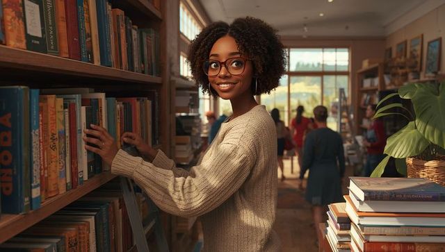 Smiling woman browsing independent bookstore shelves with ladder, glasses, sunlit interior