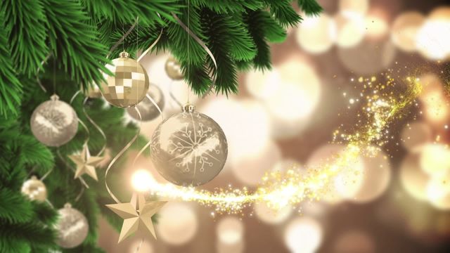 This festive scene captures gold and silver ornaments elegantly hanging from a Christmas tree with a sparkling overlay flowing beautifully. Ideal for holiday promotions, seasonal greetings, or festive-themed projects. The design offers ample copy space for advertisements, invitations, or social media posts.