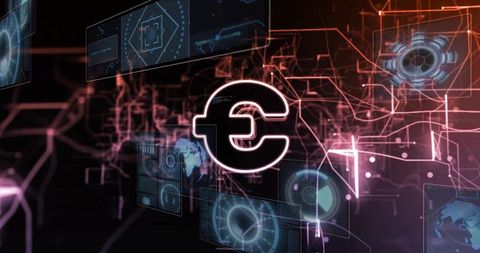Glowing Euro Symbol Pulsing in Futuristic Fintech Network with Holographic HUD and Data Panels