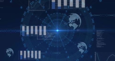 Pulsing blue hud core with concentric data rings and globe icons for tech visualization