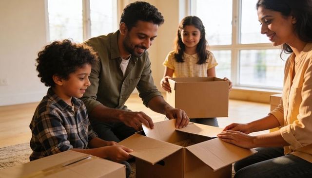 Family Unpacking in Sunlit New Home, Parents and Children Packing and Organizing Boxes