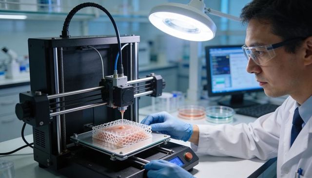 Scientist operating bioprinter creating hydrogel lattice scaffold for tissue engineering lab