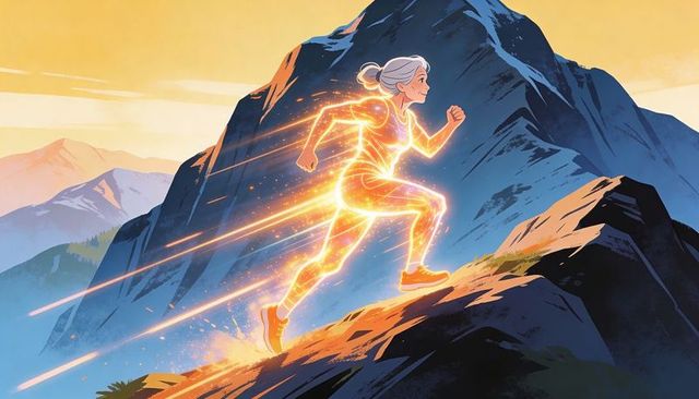Energized senior woman sprinting up mountain ridge at sunrise with glowing energy trail