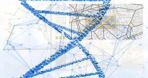 Blue dna double helix crossing digital network maps and advanced data visualization