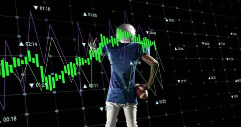 Football athlete holding ball with candlestick chart and data visualization