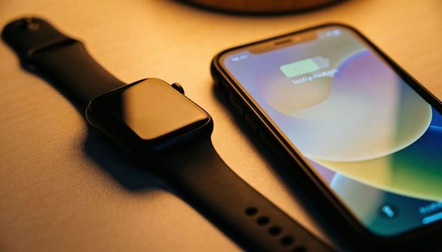 Black smartwatch and charging smartphone resting on warm wood surface with gradient screen