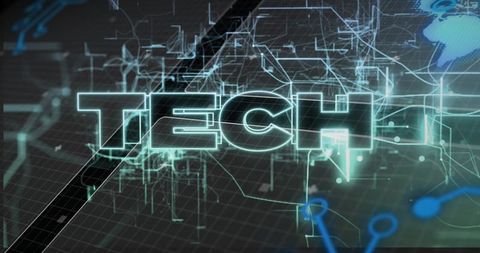 Glowing tech hologram on virtual grid with hud overlays, neon wireframe, global network